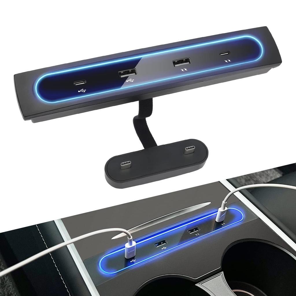 ALPHA RIDER Center Console USB Hub for Tesla Model 3/Y, Charging Adapter, Multi-Port 27W Fast Charger, 4-in-1 USB LED Hub Port Adapter