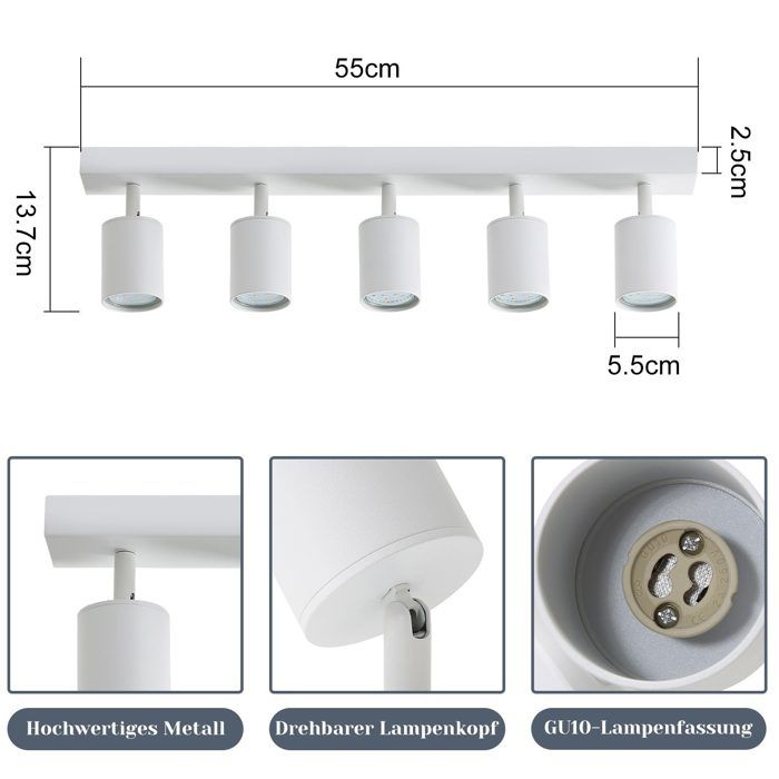 Ceiling Light - NETTLIFE - GU10 5x - White - Metal - 350° Adjustable