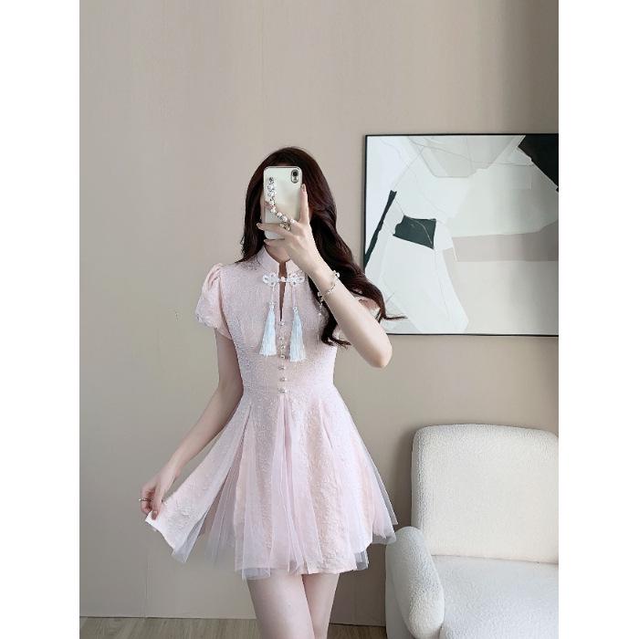 Summer Style National Wind Qipao Dress - Short-Sleeved, Waist-Cinched, Fluffy Skirt for Women