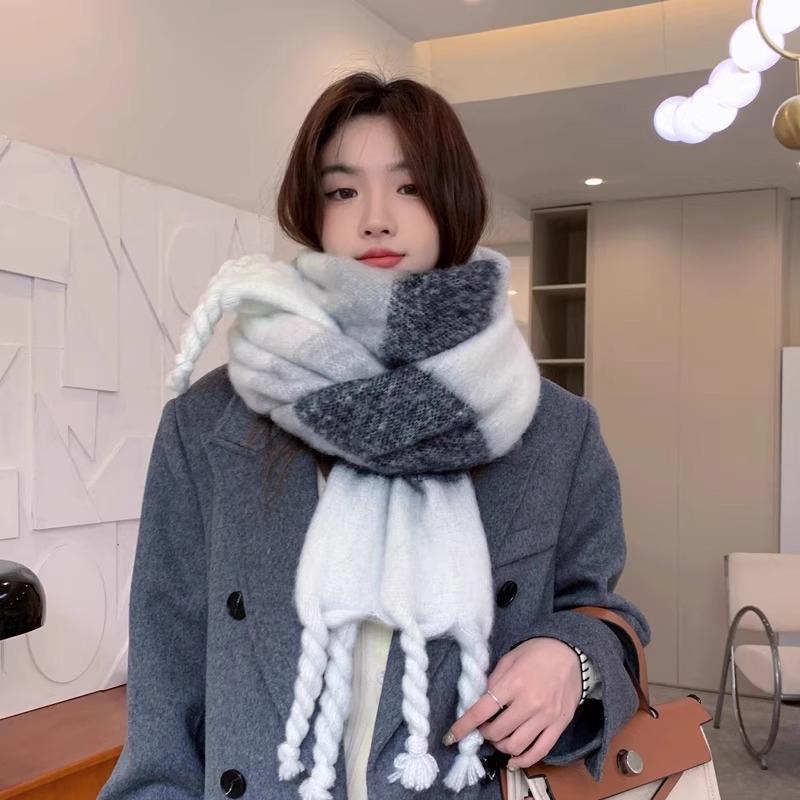 Mohair scarf women's winter Korean gray and white stripes gradual change atmosphere feeling versatile warm scarf thick long shawl