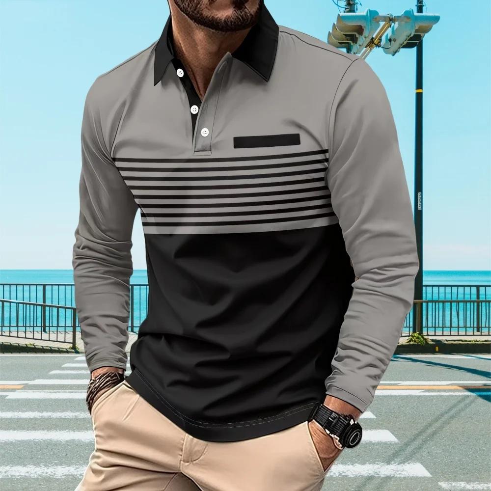 Mens Polo Shirts 3D Stripe Colorblock Print Fashion Sports Lapel Golf T-Shirt Men Tops Casual Long Sleeve T-Shirt Man Clothes