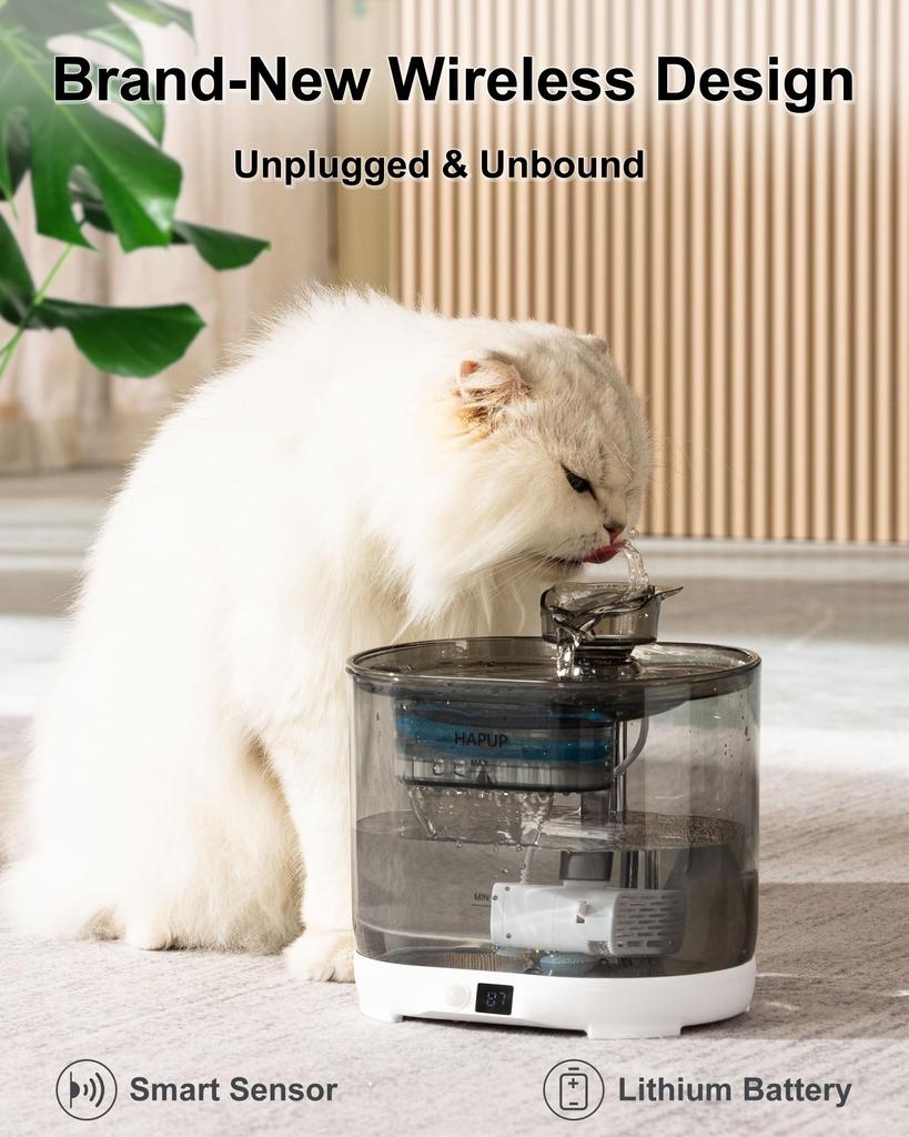 HAPUP Cordless Cat Water Quiet Automatic Water Dispenser with Circulating Motion Unlimited 5000mAh 2 Water Dispensing Multiple Smart and 3 Activated