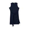 Women Sleeveless Round Neck Dress Pleated Bow Belt Irregular Hem Minimalist Elegant Chic Wear