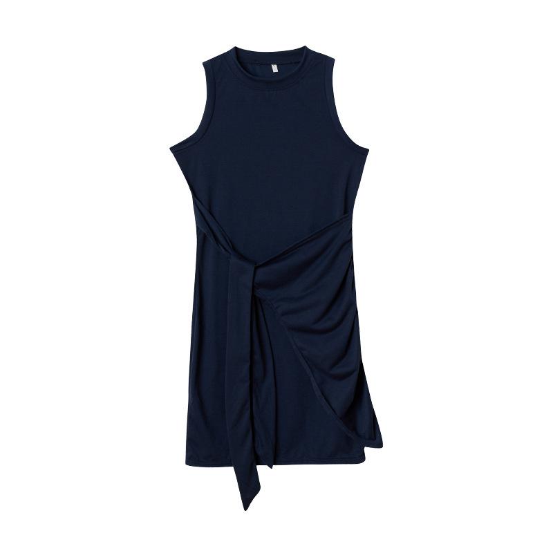 Women Sleeveless Round Neck Dress Pleated Bow Belt Irregular Hem Minimalist Elegant Chic Wear