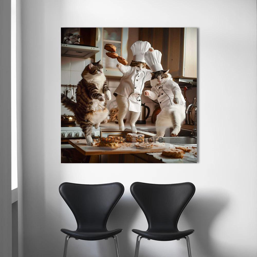 Lovely Cat Baker Making Dim Sum Poster Flour Cute Kitten Prints Canvas Wall Art Pictures Home Kitchen Room Modern Pet Decor