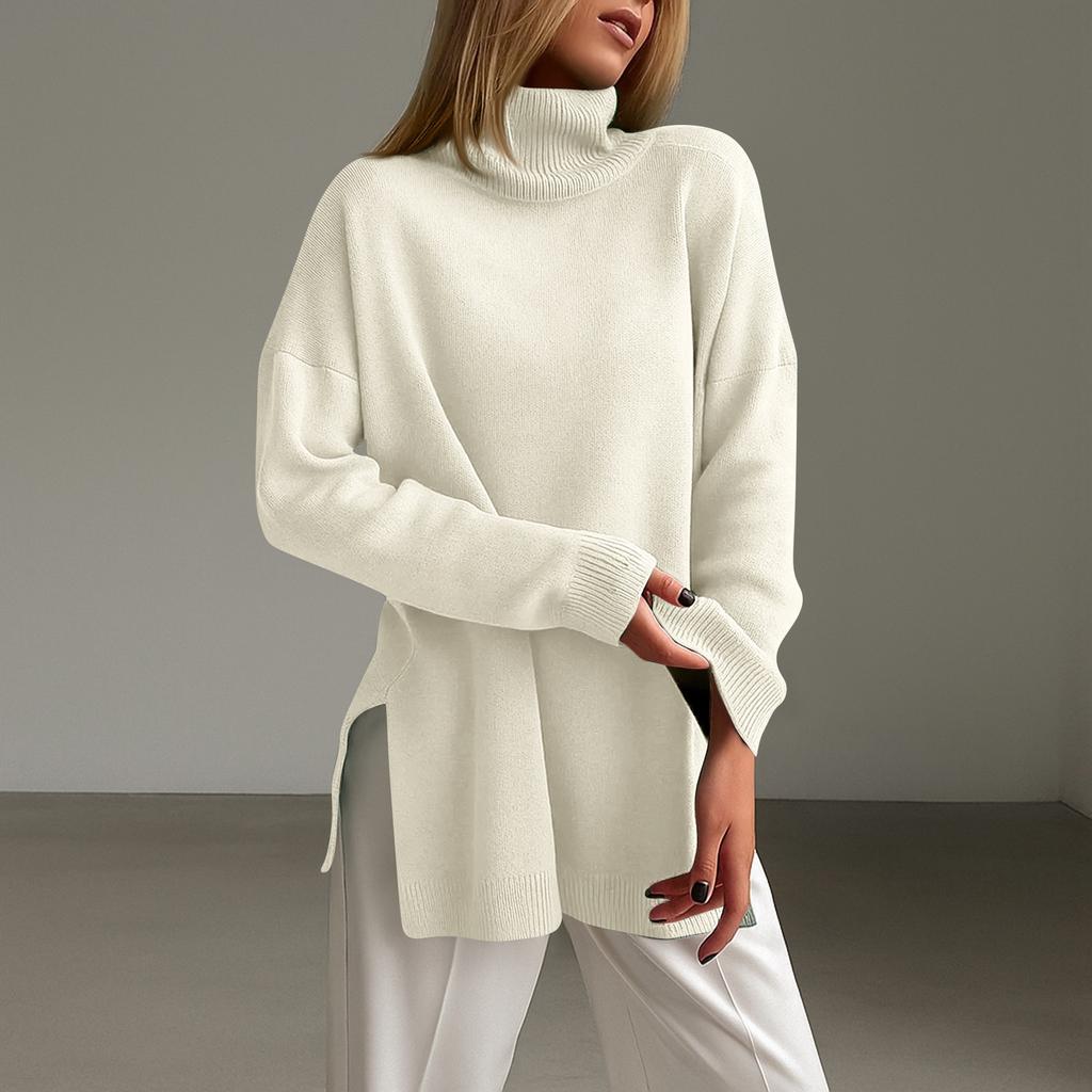 Women's Fashion Casual High Collar Hem Split Long Sleeve Sweater Top
