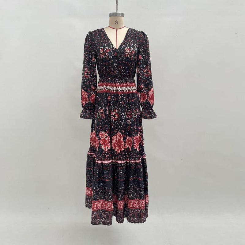2026 Popular Autumn Long-sleeved V-neck Pendulum Printed Long-sleeved Dress