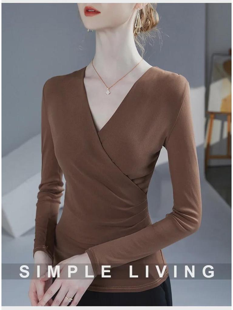 Frühjahr & Herbst 2025 Damen-Plissee-Top mit V-Ausschnitt