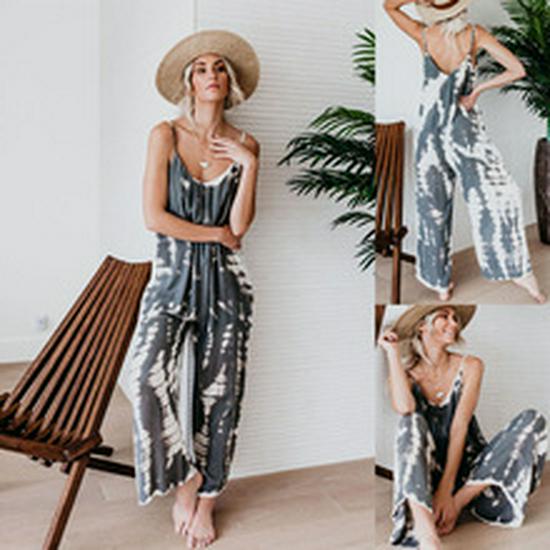 2023 TEMU Summer Elegant Tie-Waist Women's Jumpsuit - Solid Color V-Neck