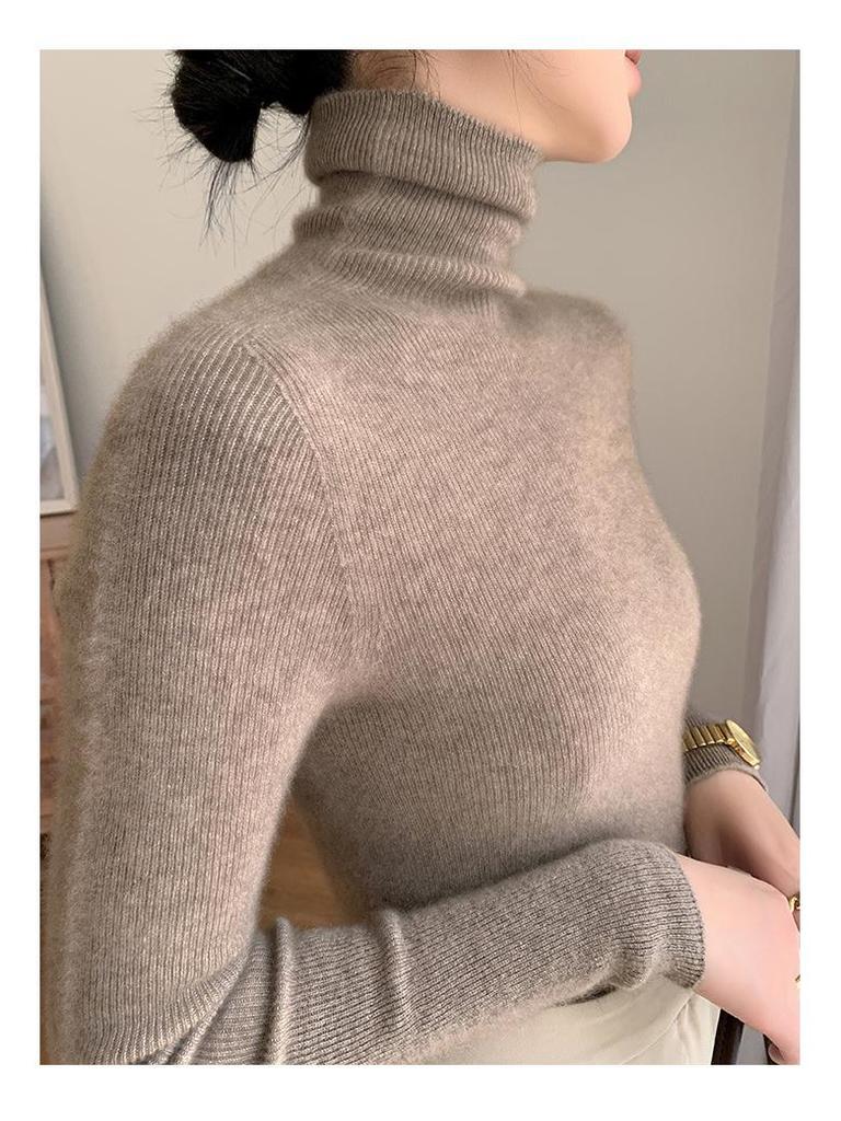 Damski sweter ze 100% wełny z wysokim dekoltem, dopasowany krój - Rozciągliwy kaszmirowy pulower na jesień/zimę