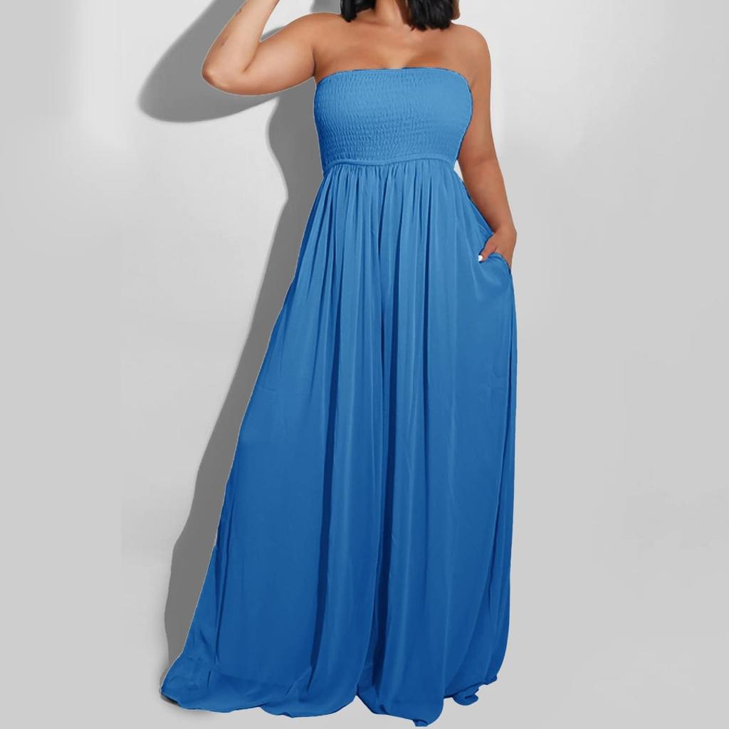 Women's Plus Size Strapless Tube Top Wide Leg Pants Jumpsuit Baggy Off Shoulder Overalls Smocked Romper With Pockets