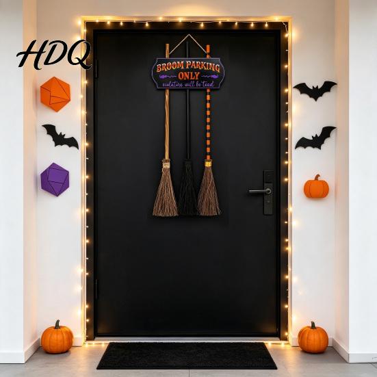 Weatherproof Yard Ornament Halloween Broom Parking Sign with 3 Pcs Wooden Witches Brooms, Hocus Pocus Seasonal Home Wall Themed Hanging for