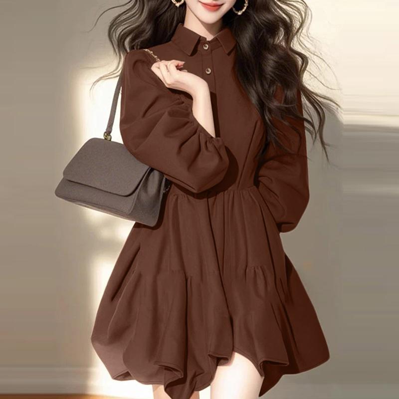 ZANZEA Damen Lässig Umlegekragen Elegant Langarm Kleid