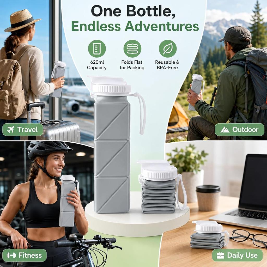 Bouteille d'eau pliable en silicone 620 ml Étanche Bouchon à paille rabattable avec dragonne de transport Bouteille pliable portable pour voyage randonnée cyclisme