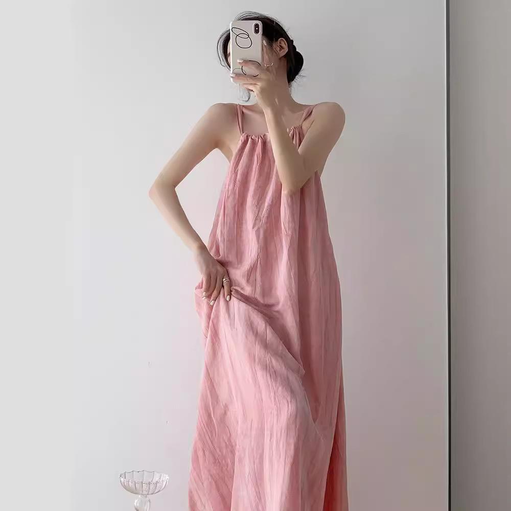 Dopamin-Pink Fleckenkleid Damen Sommer Show Dünnes Temperament Großer Schwingrock Ärmellos Strand langes Kleid Urlaub Trägerrock