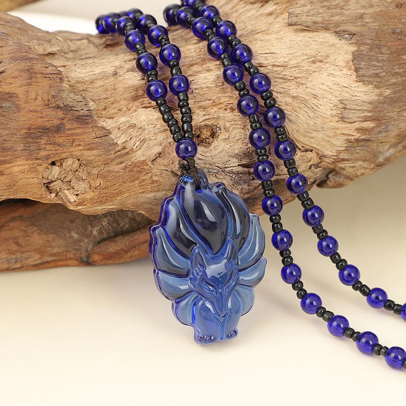 

Ожерелье с подвеской в виде лисы, китайский амулет, ожерелье с девятихвостой лисой, универсальная мужская и женская длинная цепочка для свитера, ювелирное изделие синий