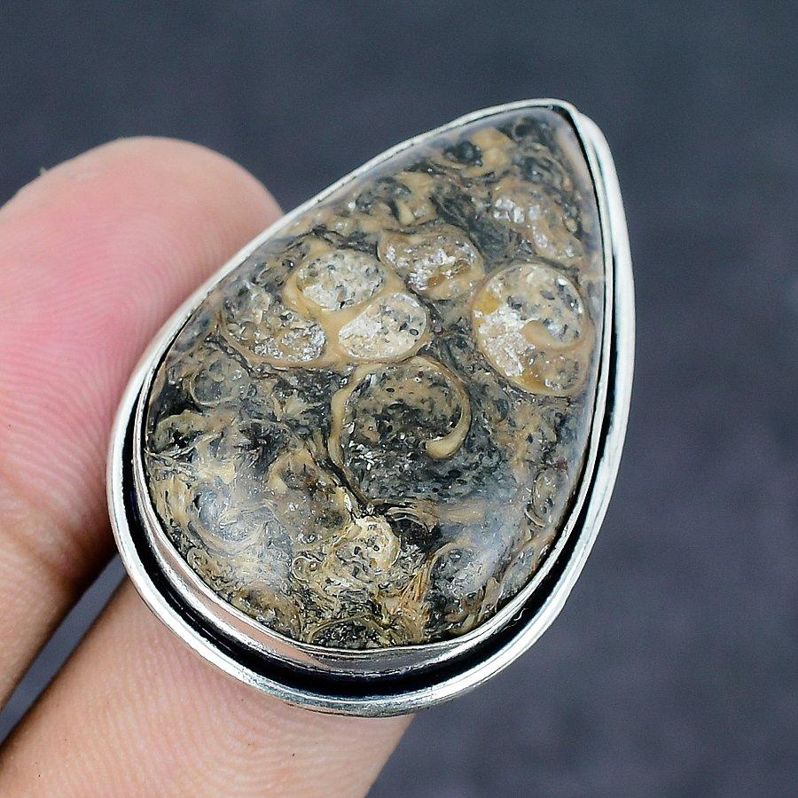 Natural Turritella Fossil Gemstone 925 Sterling Silver Jewelry Ring Size 8 n3L90