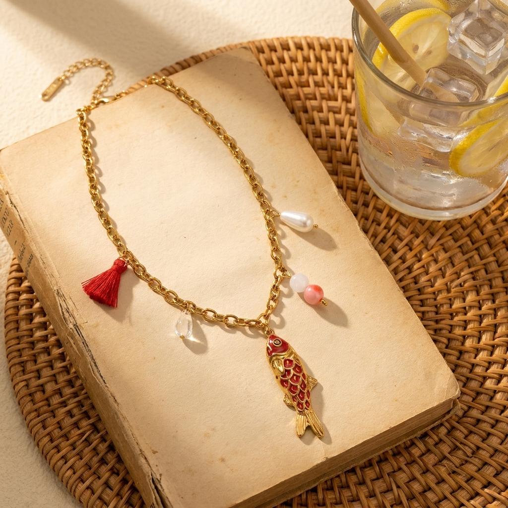 Bohemian Blue Enamel Fish Pendant Necklace for Women Stainless Steel Ocean Series Shell Tassel Necklace Summer Jewelry Accessory