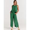 Women's Summer 2 Piece Outfits Sleeveless Pleated Ruffle Tank Top Wide Leg Cropped Pants Casual Loose Linen Matching Set with Pockets