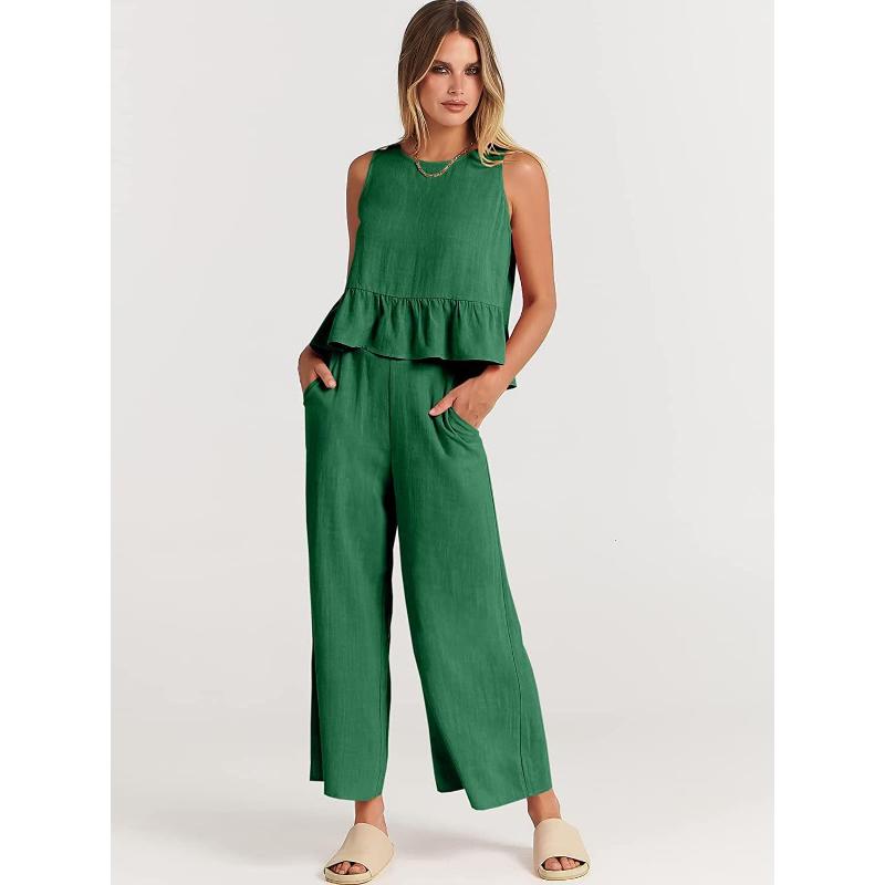 Women's Summer 2 Piece Outfits Sleeveless Pleated Ruffle Tank Top Wide Leg Cropped Pants Casual Loose Linen Matching Set with Pockets