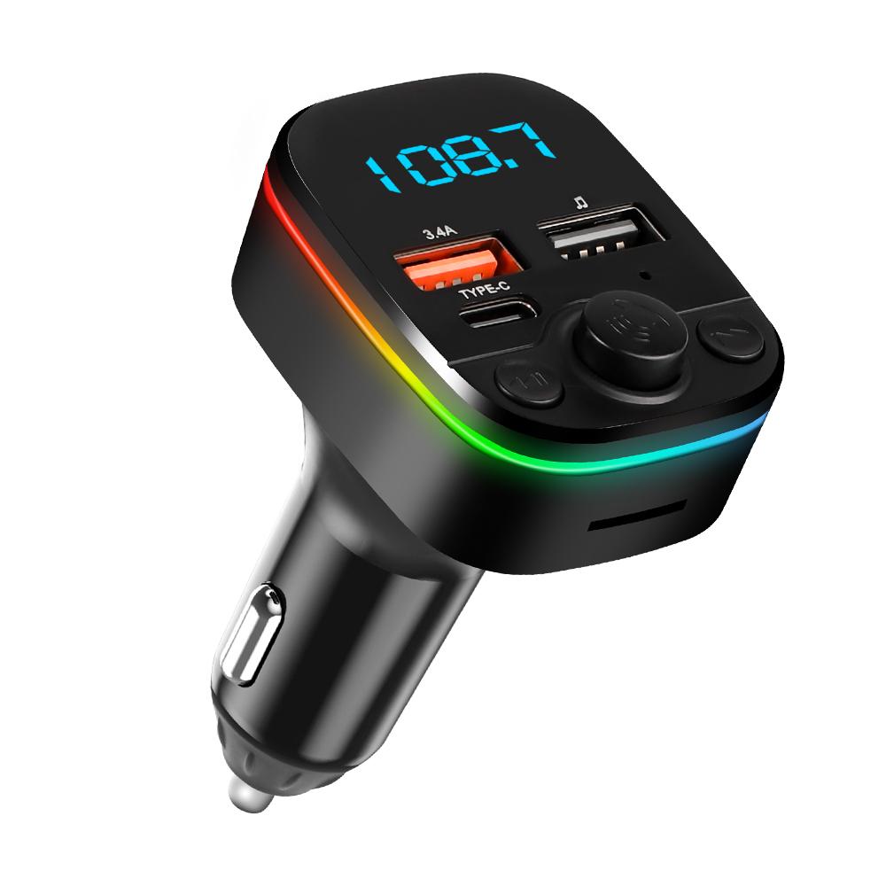 Car FM Transmitter Bluetooth 5.0 Handsfree With Type-C Dual USB 3.4A Fast Charger Ambient Light Cigarette Lighter FM Modulator