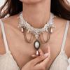 European and American Gemstone Pendant Necklace with Imitation Pearl Tassel - Elegant Fashion Style