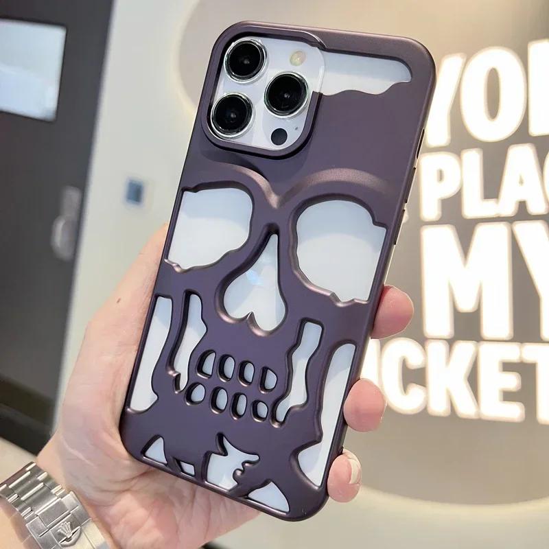 3D Matte Metallic Color Hollow Out Skull Phone Case for iPhone 16 15 13 12 11 14 ProMax 16 15 Plus Fashion Shockproof Soft Cover