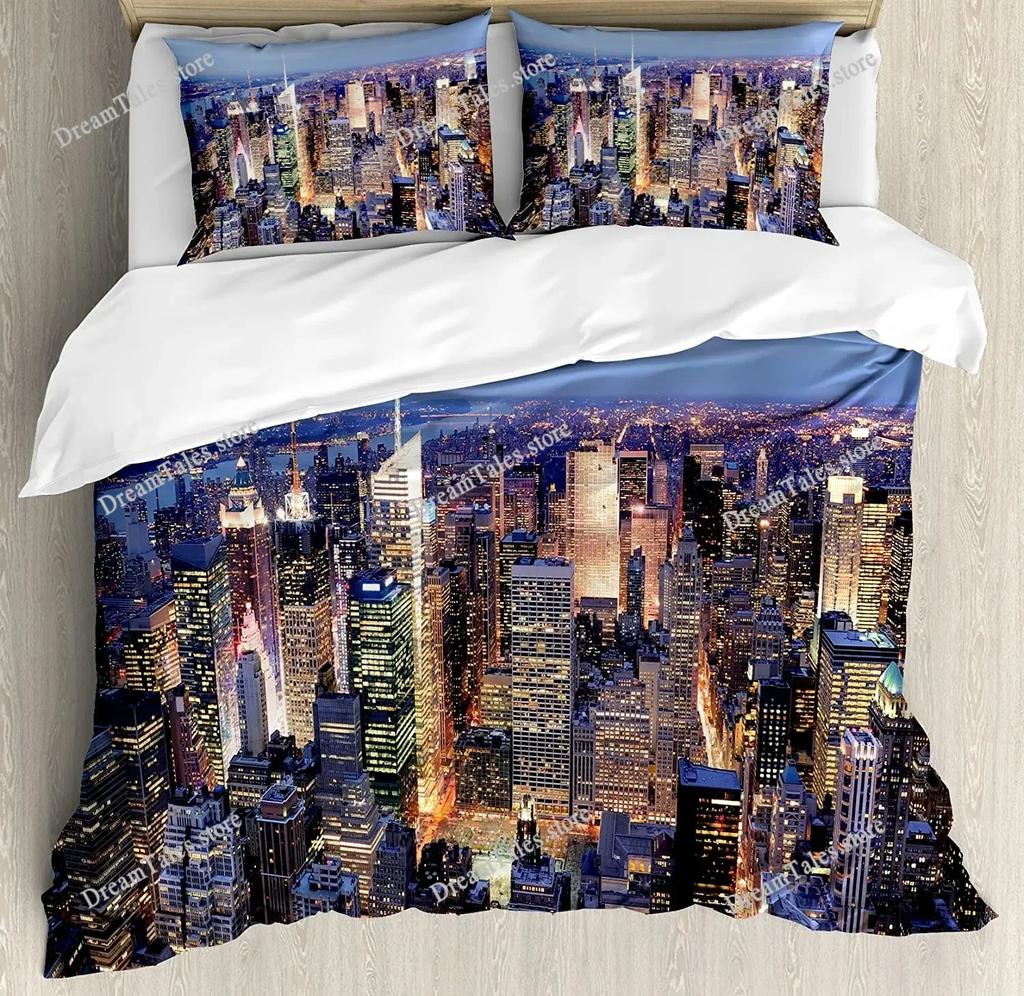 Bedding Set Business City Scenery New York Black and White Duvet Cover Pillow Case Boy Kid Teen Girl Bedding Covers Set