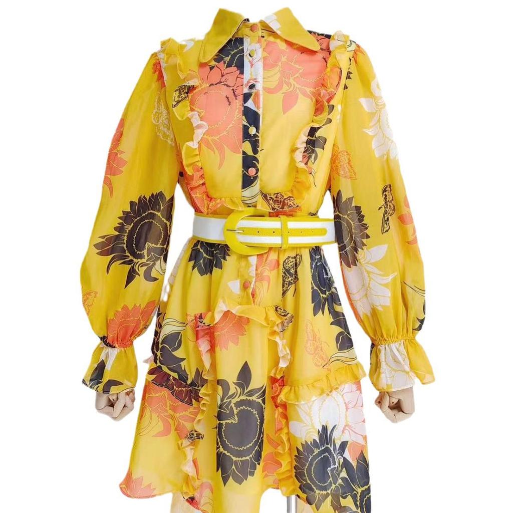 2023 Autumn Women's Short Dress: Lapel, Lantern Sleeves, Single-Breasted with Buckle Belt and Waist Print Detail