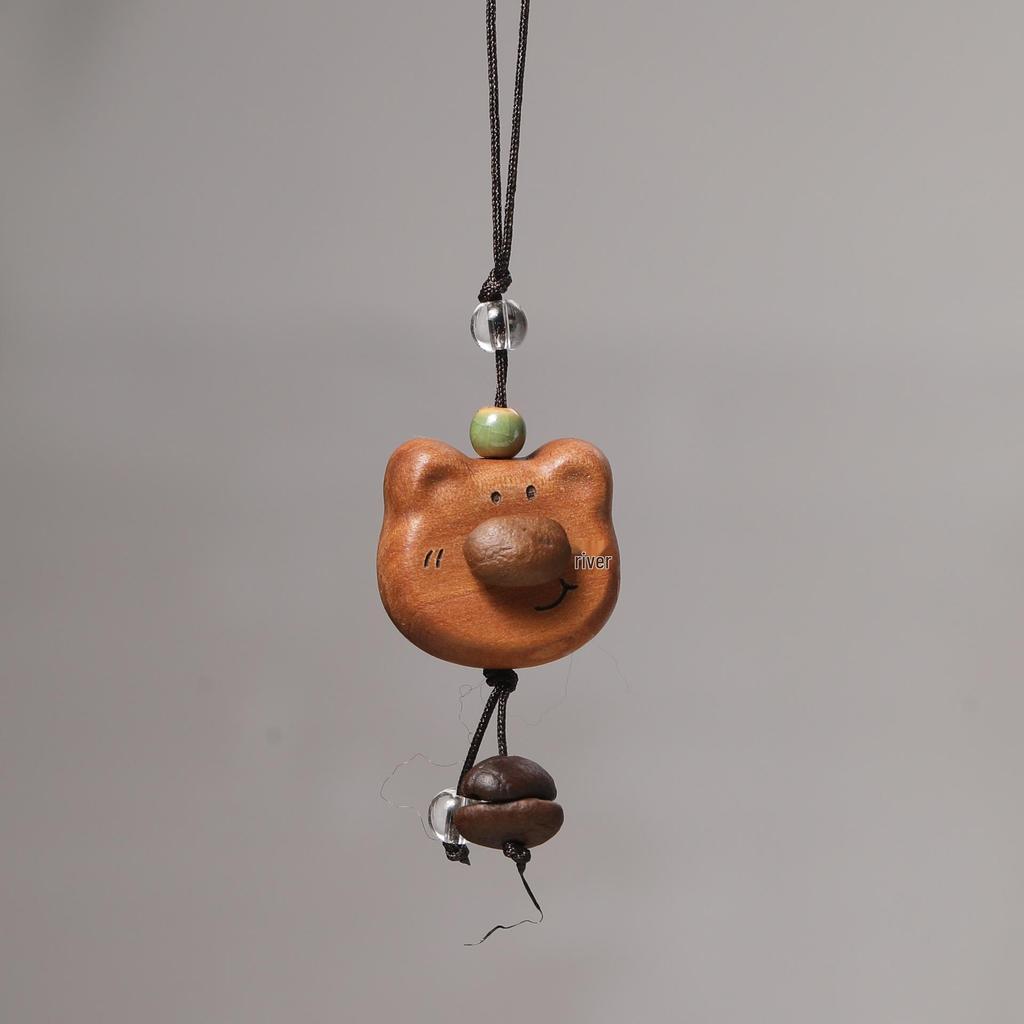 Peach Wood Coffee Bean Bear Pendant Keychain & Necklace Accessory