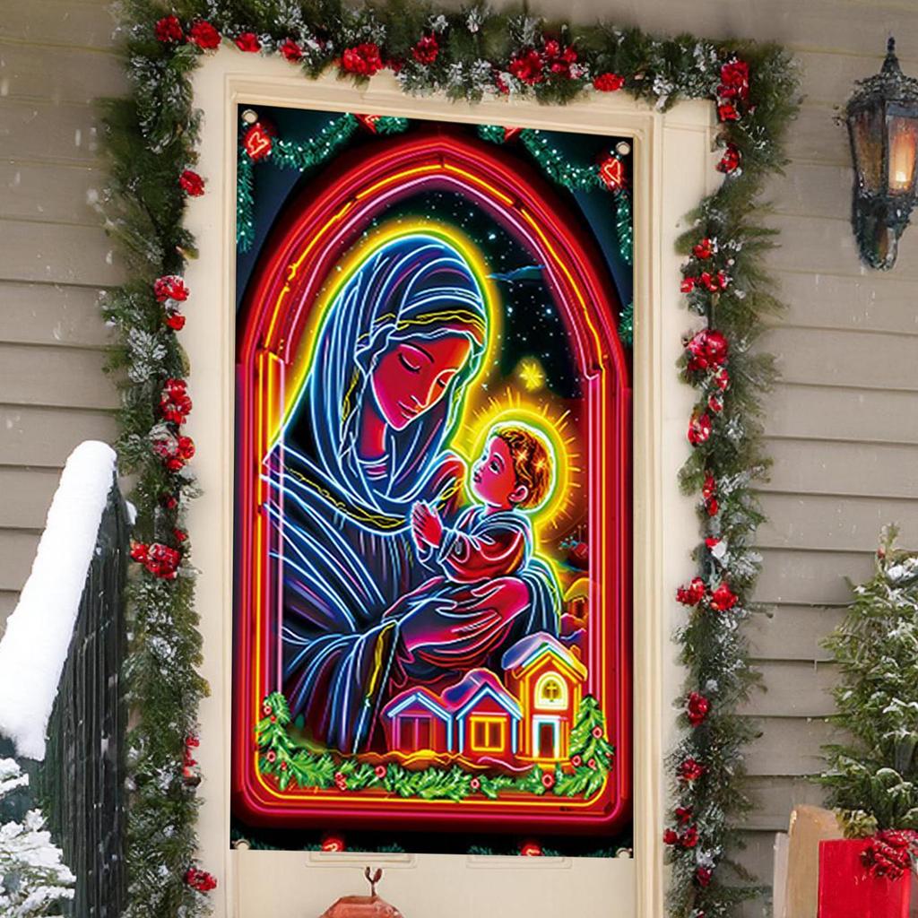 Christmas Door Cover Large Religious Fabric Backdrop Fluorescent Porch Sign Banner Holiday Party Home Church Garden Decorations