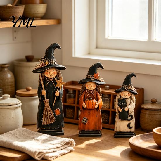 Festival Atmosphere Decorative Accents Wooden Witch Ornament, Retro Halloween Figurine with Broom/Pumpkin/Black Hand Painted Black Cat Cat,