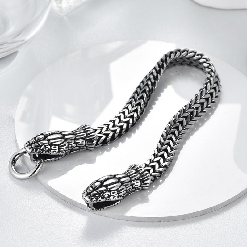 Mens Stainless Steel Double-Headed Snake Bracelet Punk Rock Retro Style Polished Titanium Bangle Fashion Statement