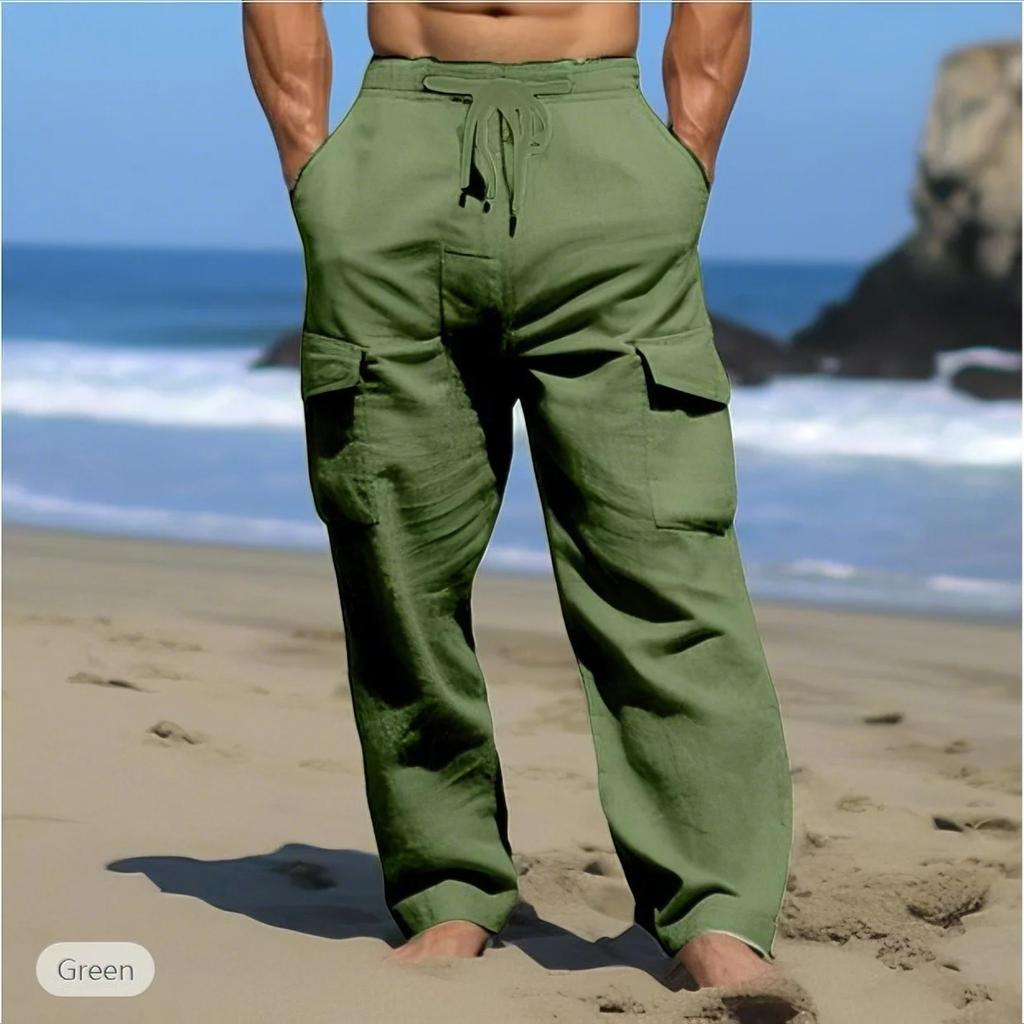Summer Comfortable Breathable Outdoor Men's Pants Pull Rope Multi-pocket Straight Leg Daily Outdoor Cotton Hemp Casual Pants