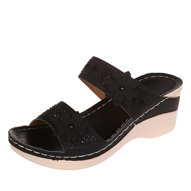 Letné Dámske Papuče Veľké dámske topánky Retro rímske sandále Dámske Pu Neformálne Kvetinové sandále na klinu Papuče na platforme