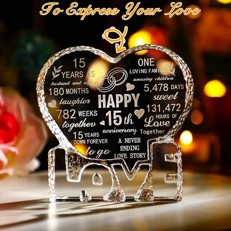 H&D HYALINE & DORA 15 Year 15th Wedding Anniversary Paperweight, Crystal Sculpture Keepsake Gifts, Personalized Crystal Engraved Heart Marriage 15th Years of Marriage