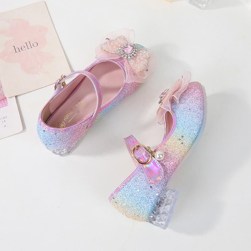 

2026New girls princess shoes with sequin bows and crystals, performance shoes for little girls, soft-soled high heels 23 розовый