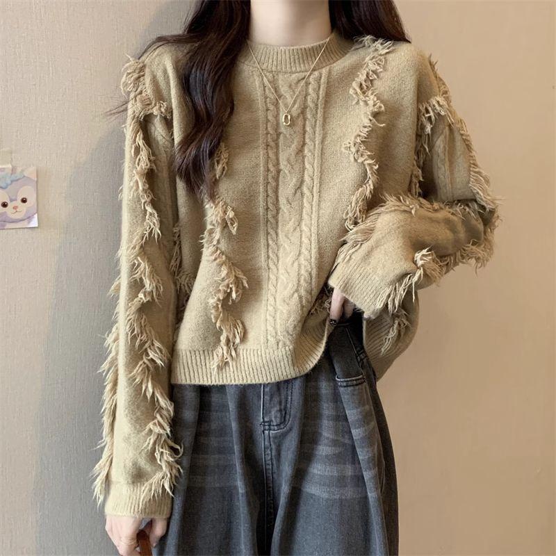 Короткий свитер с круглым вырезом Tassel Sensation свободный новый свитер для ленивых и повседневных дел M хаки 2689₽