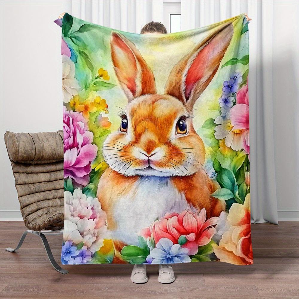 Watercolor Bunny Floral Garden Flannel Blanket Spring Nature Art Soft Throw Pillow Cover Home Decor Cute Animal Print Blanket
