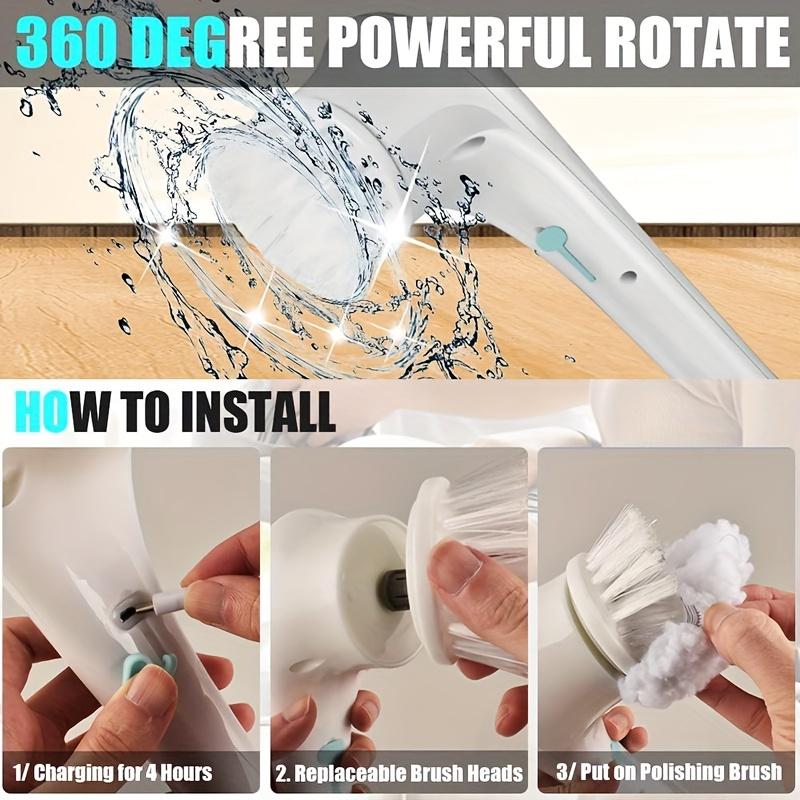 1Set, Electric Scrubber With 5 Replaceable Brush Heads, Portable Spin Scrubber, Cordless Handheld Cleaning Brush For Bathroom/Tub/Floor/Kitchen