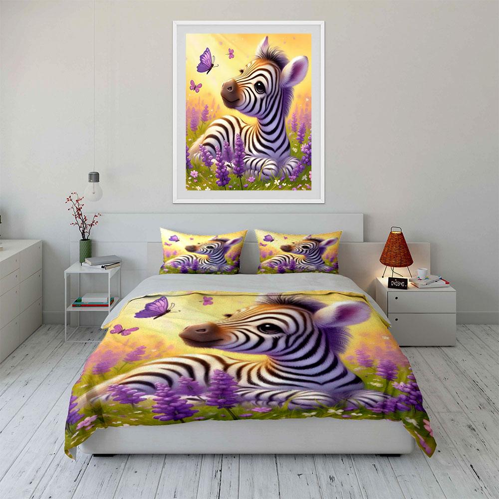 Zebra, purple flowers, butterflies. Print Bedding Set 1 Duvet Cover 2 Pillowcases for Adult and Children Luxury Gift Full Size