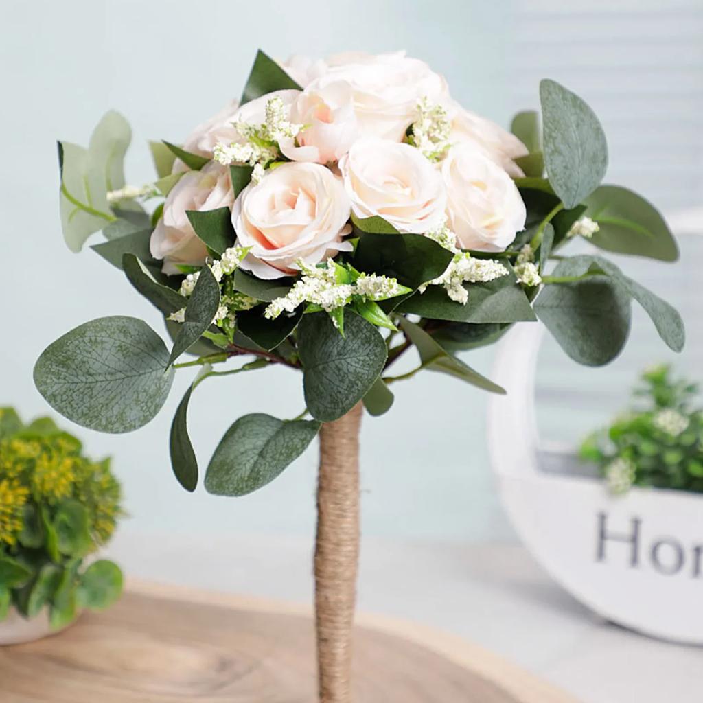 Handmade Silk Roses Bridal Bridesmaid Wedding Bouquet Pastoral Style Eucalyptus Leaves Artificial Natural Holding Flowers Party
