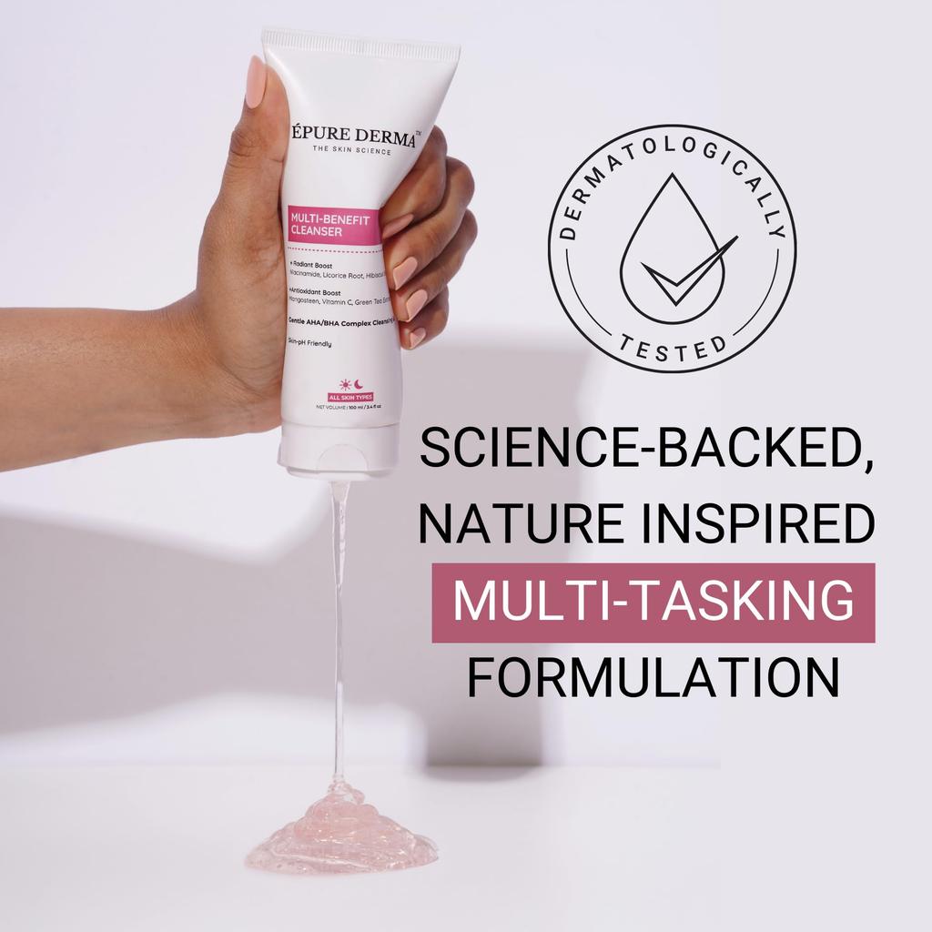 ÉPURE DERMA Multi-Benefit Cleanser | Gentle AHA/BHA Complex Cleansing Gel | Radiant Boost | Antioxidant Boost | For Sensitive/All Skin Types | 100m