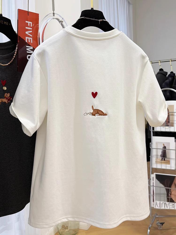 Women’s Early Spring Cartoon Embroidery Crew Neck Half Sleeve T-Shirt