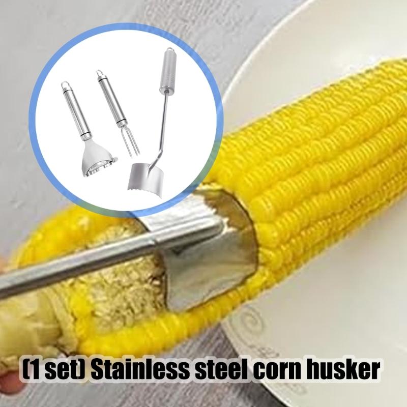 Steel Corn Peeler Sheller with Fork for Fast Corn Stripping Comfort Handle and Easy Cleaning Design Kitchen Gadget