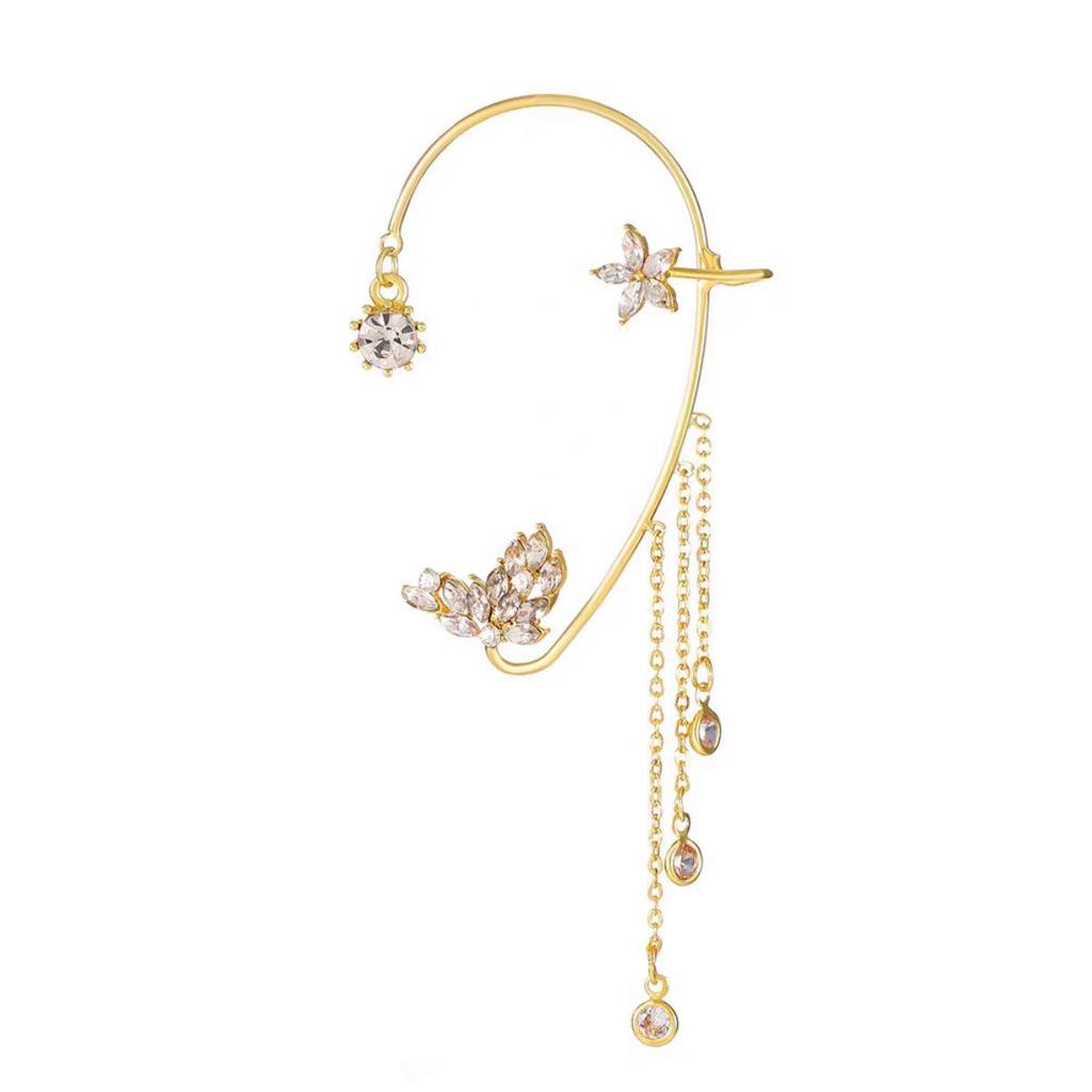 Butterfly Flower Tassel Rhinestone Wing Ear Cuff - No Piercing Clip On