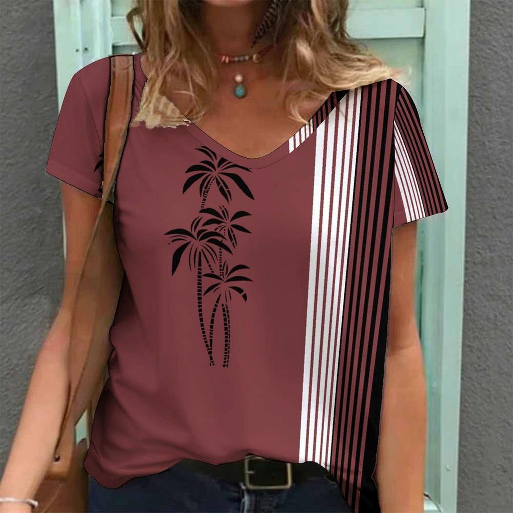 Women Print V Neck Short Sleeve Casual Loose Tunic Tops