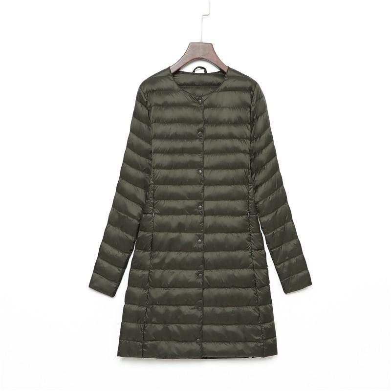 New down jacket women's light, medium and long fashion and thin dark button round neck warm jacket