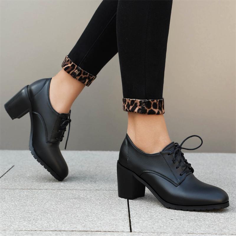 Fashion Casual High Heels Pumps Loafers Shoes Brown Black Women's Heeled Lace-up Casual Party Office Oxfords Shoes Large Size 45