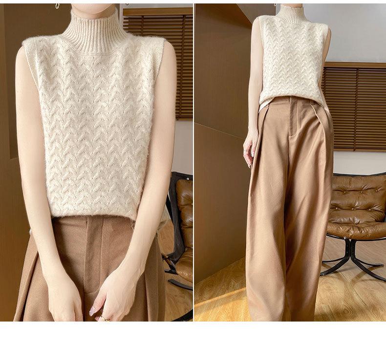 Women's 100% Wool High Neck Cable Knit Sleeveless Vest - Warm Autumn/Winter Shawl